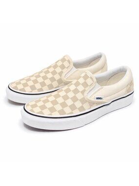 Vans Classic Slip-On Checkerboard Sneaker Shoes | Tan on Cream | 7.5